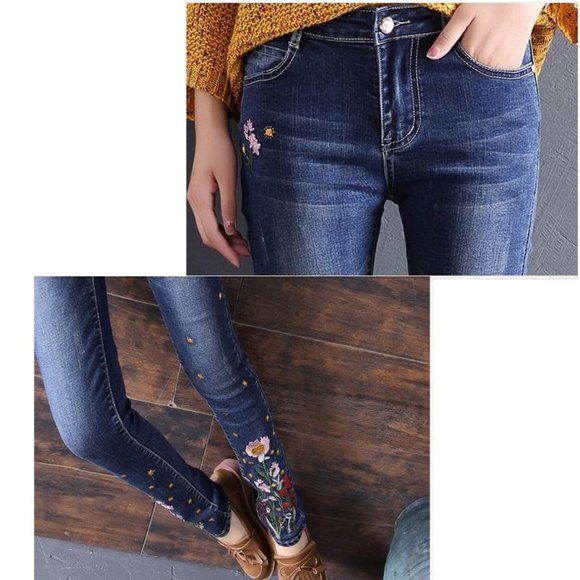 Flower Embroidered Jeans For Women Plus Size Skinn - Picture 3 of 4
